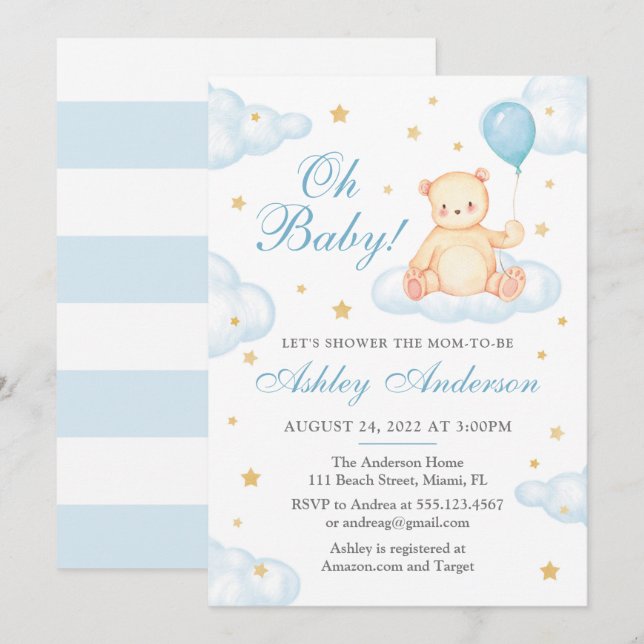 Teddy Bear Blue Balloon Baby Shower Invitation (Front/Back)