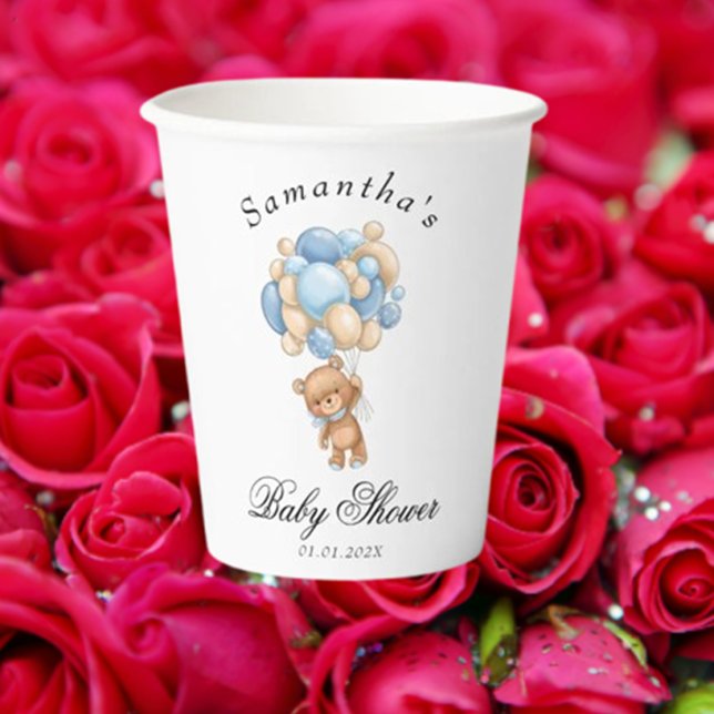 Teddy Bear Blue Balloon Baby Shower Paper Cups (Celebrate your baby's special day with our charming Teddy Bear Blue Balloon paper cups.)
