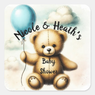 Teddy Bear Blue Balloon Baby Shower Square Sticker