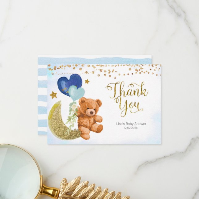 Teddy Bear Blue Balloon Baby Shower Thank You card (Front/Back In Situ)