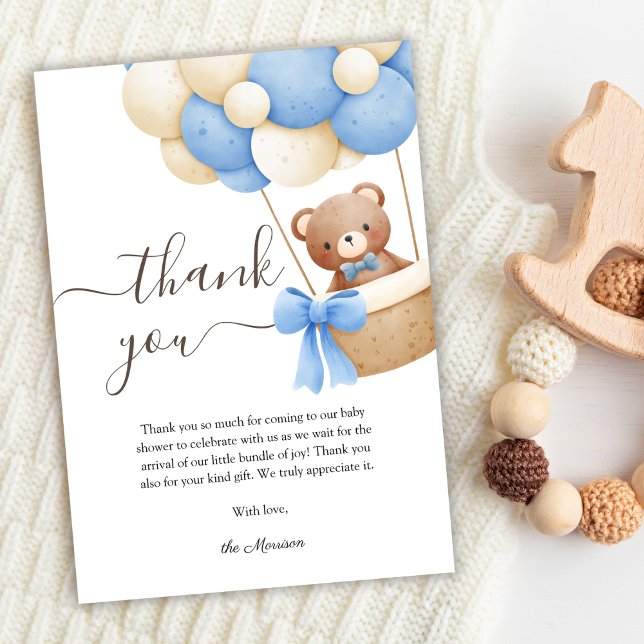 Teddy Bear Blue Balloon Baby Shower Thank You Card (Creator Uploaded)