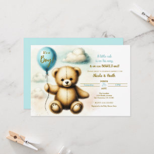 Teddy Bear Blue Balloon Bearly Wait Baby Shower  Invitation