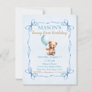 Teddy Bear Blue Balloon Beary First Birthday  Invitation