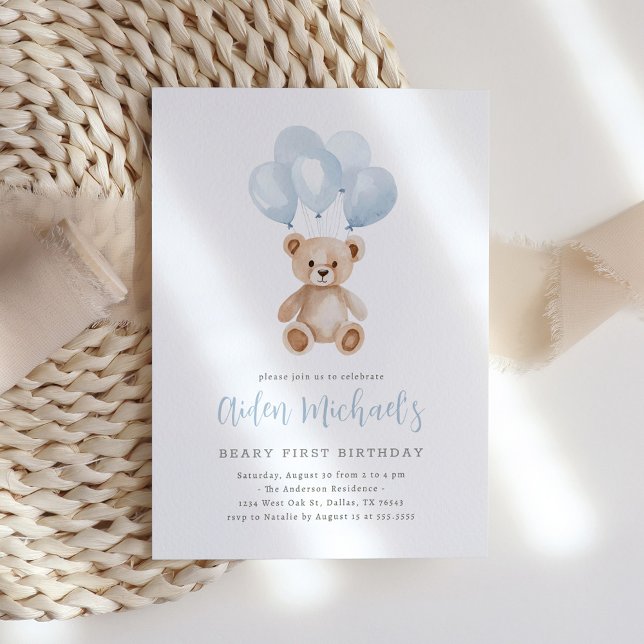 Teddy Bear Blue Balloon Beary First Birthday Invitation (Creator Uploaded)