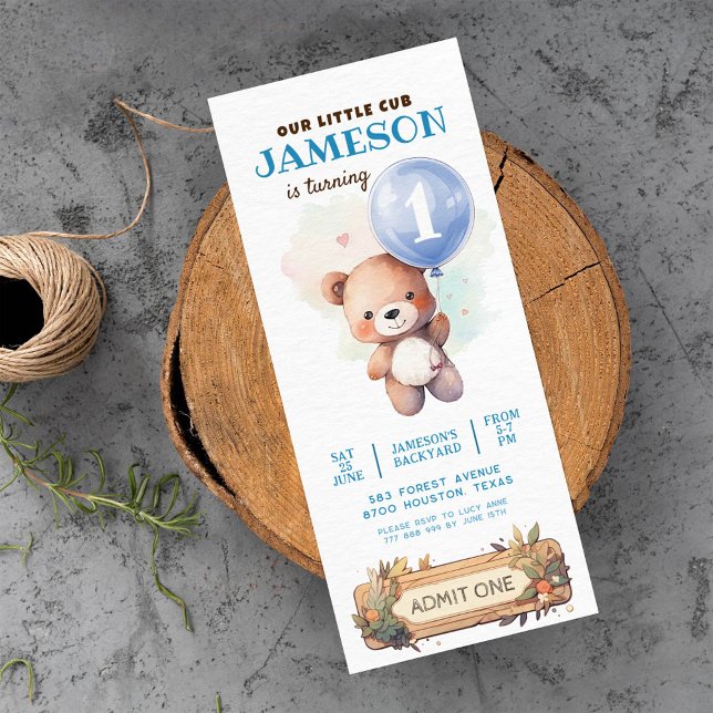 Teddy bear blue balloon Beary first birthday Invitation (Creator Uploaded)