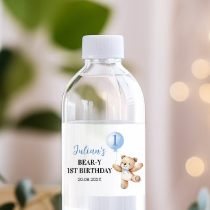 Teddy Bear Blue Balloon Beary First Birthday Water Bottle Label