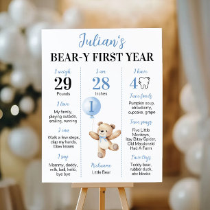 Teddy Bear Blue Balloon Beary First Year Milestone Poster