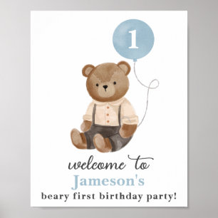 Teddy Bear Blue Balloon Birthday Decor Sign