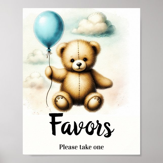 Teddy Bear Blue Balloon Birthday Favour Sign (Front)