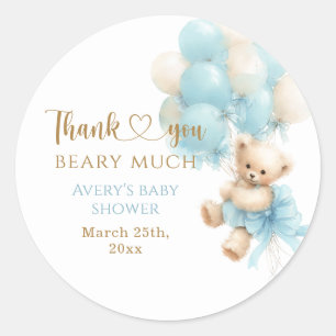 Teddy Bear Blue Balloon Bow Baby Boy Shower Classic Round Sticker