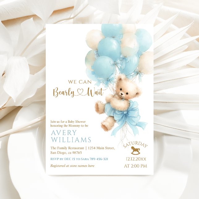 Teddy Bear Blue Balloon Bow Baby Boy Shower Invitation (Creator Uploaded)