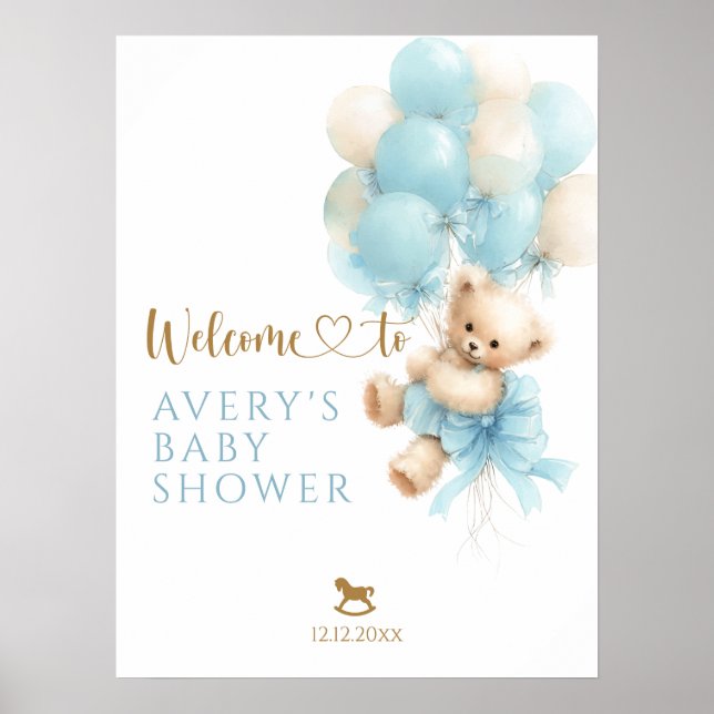Teddy Bear Blue Balloon Bow Baby Boy Shower Poster (Front)