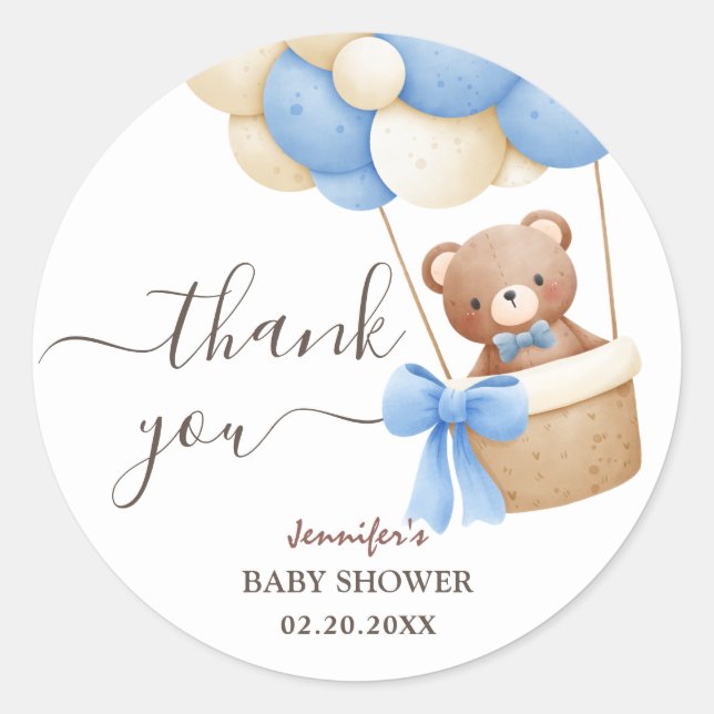 Teddy Bear Blue Balloon | Boy Baby Shower  Classic Round Sticker (Front)
