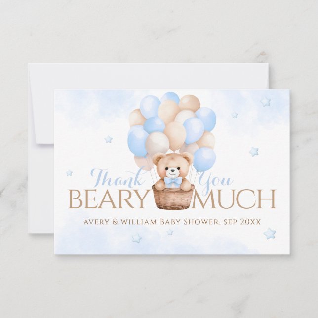 Teddy Bear Blue Balloon Boy Baby Shower  Thank You Card (Front)