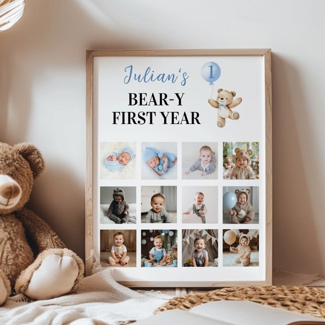 Teddy Bear Blue Balloon First Year Photo Milestone Poster (Creator Uploaded)