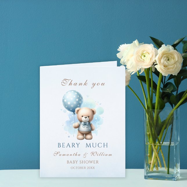 Teddy Bear & Blue Balloon It's a Boy Baby Shower Thank You Card (Creator Uploaded)