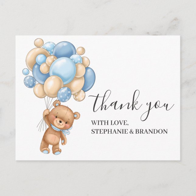 Teddy Bear BLUE Balloon Thank You  Card (Front)