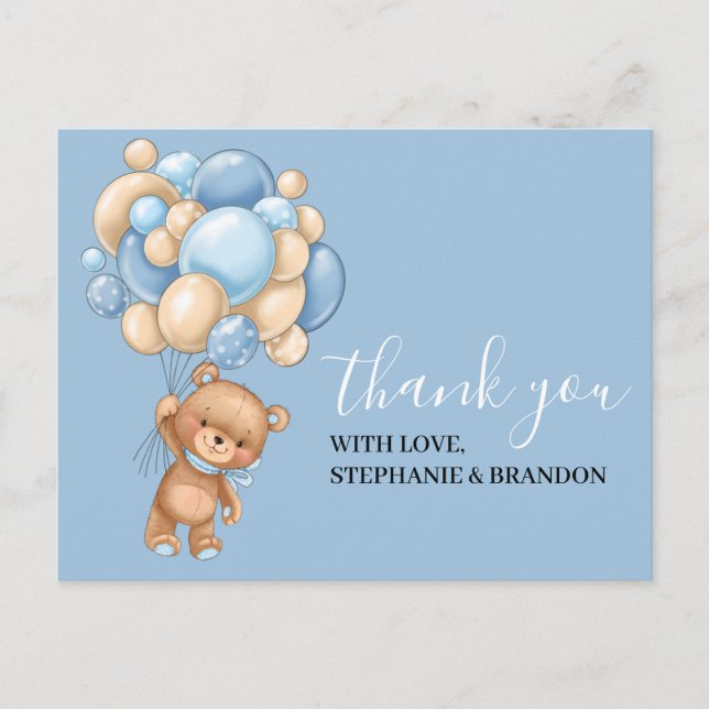 Teddy Bear BLUE Balloon Thank You  Card (Front)