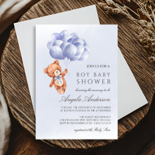 Teddy Bear Blue Balloon Watercolor Boy Baby Shower Invitation