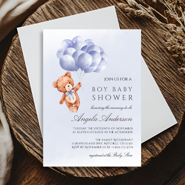 Teddy Bear Blue Balloon Watercolor Boy Baby Shower Invitation (Teddy Bear Blue Balloon Watercolor Boy Baby Shower Invitation)