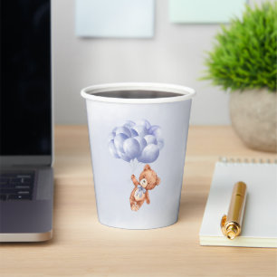 Teddy Bear Blue Balloon Watercolor Boy Baby Shower Paper Cups