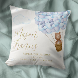 Teddy Bear Blue Balloons Baby Boy Birth Stats Cushion