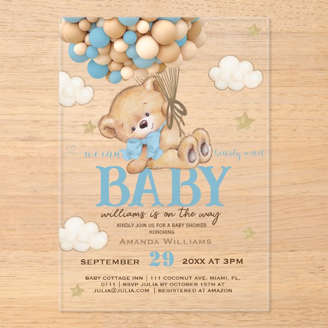 Teddy Bear Blue Balloons Baby Shower	 Acrylic Invitations (Front)