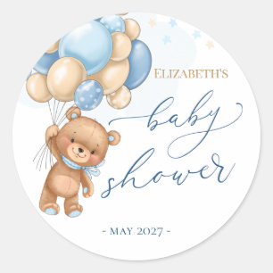 Teddy Bear Blue Balloons Baby Shower Classic Round Sticker