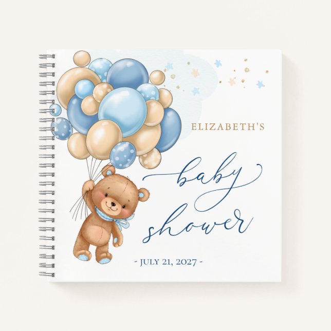 Teddy Bear Blue Balloons Baby Shower Guest Book (Front)