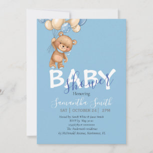 Teddy Bear, blue Balloons Baby Shower Invitation