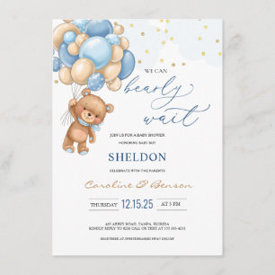 Teddy Bear Blue Balloons Baby Shower Invitation
