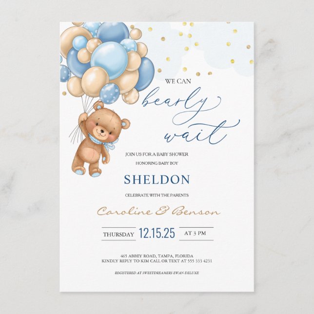Teddy Bear Blue Balloons Baby Shower Invitation (Front)