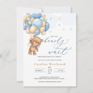 Teddy Bear Blue Balloons Baby Shower Invitation
