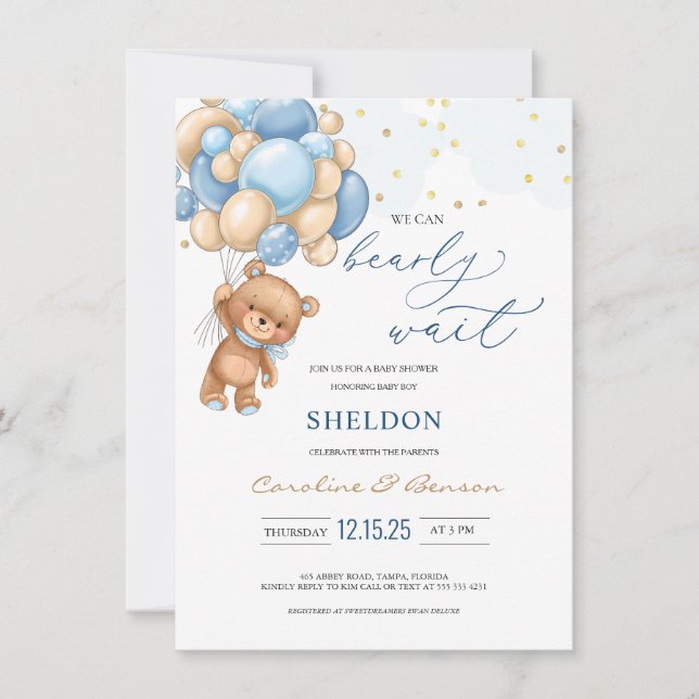 Teddy Bear Blue Balloons Baby Shower Invitation (Front)