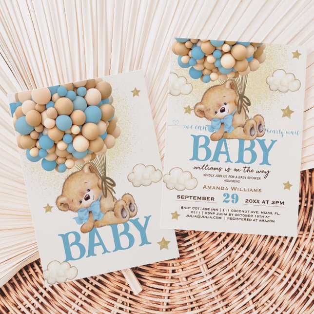 Teddy Bear Blue Balloons Baby Shower	 Invitation (Creator Uploaded)