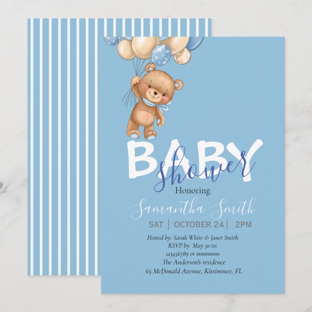 Teddy Bear, blue Balloons Baby Shower Invitation (Front/Back)