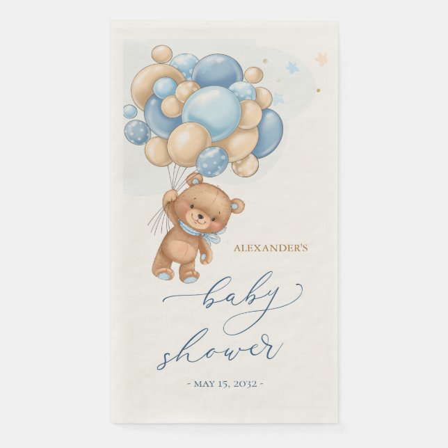 Teddy Bear Blue Balloons Baby Shower Napkin (Front)