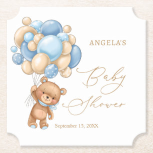 Teddy Bear Blue Balloons Baby Shower Paper Coaster