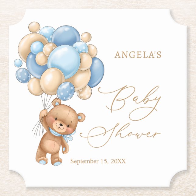 Teddy Bear Blue Balloons Baby Shower  Paper Coaster (Front)