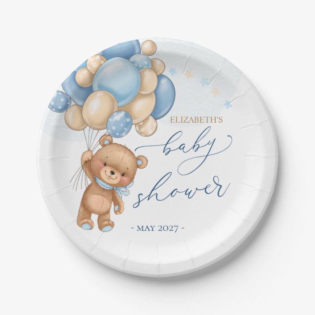 Teddy Bear Blue Balloons Baby Shower Paper Plate (Front)