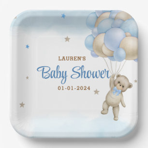Teddy Bear Blue Balloons Baby Shower Paper Plate