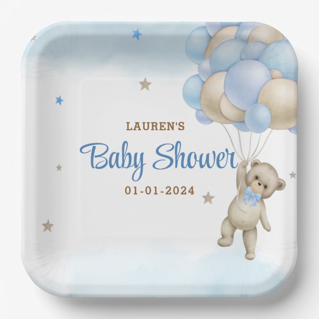 Teddy Bear Blue Balloons Baby Shower Paper Plate (Front)