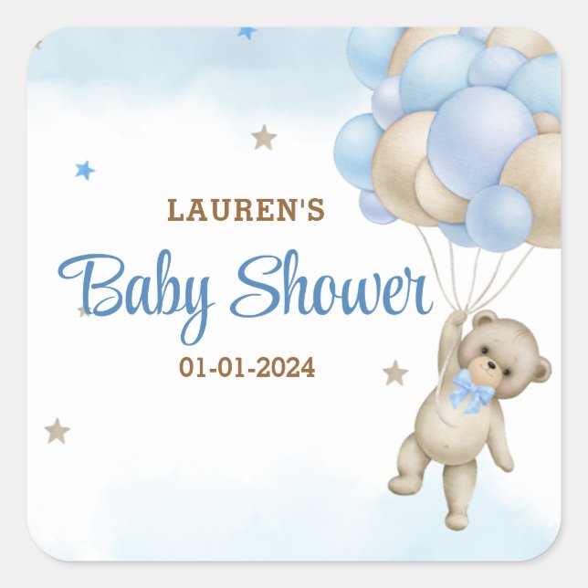 Teddy Bear Blue Balloons Baby Shower Square Sticker (Front)