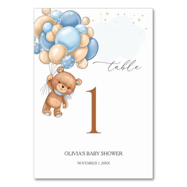 Teddy Bear Blue Balloons Baby Shower Table Number (Front)