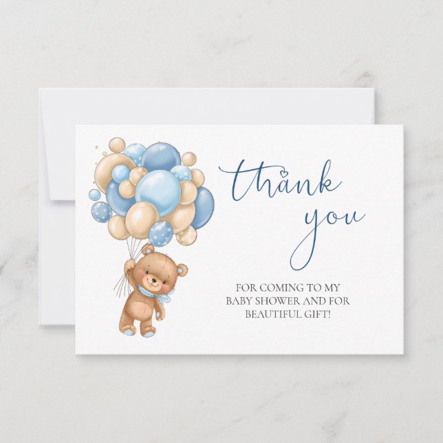 Teddy Bear Blue Balloons Baby Shower Thank You (Front)