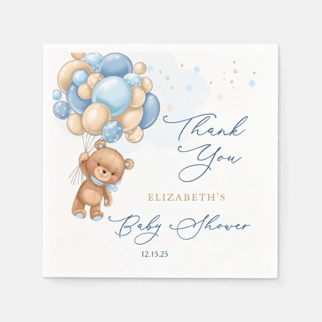 Teddy Bear Blue Balloons Baby Shower Thank You  Napkin (Front)
