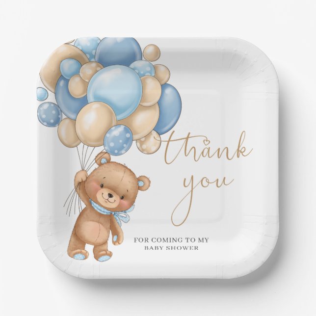 Teddy Bear Blue Balloons Baby Shower Thank You  Pa Paper Plate (Front)