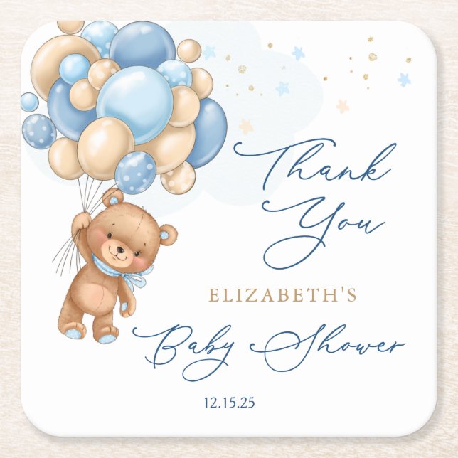 Teddy Bear Blue Balloons Baby Shower Thank You  Square Paper Coaster (Front)