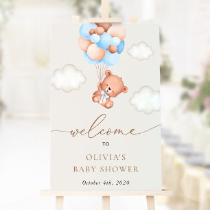 Teddy Bear, Blue Balloons, Baby Shower Welcome Poster