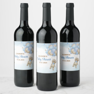 Teddy Bear Blue Balloons Baby Shower Wine Label